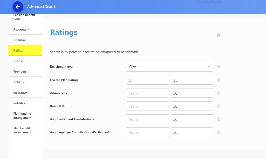 Figure 9. The Rating section allows you to make your search query even more powerful. Larkspur Executive has three types of plan ratings to incorporate into your search.